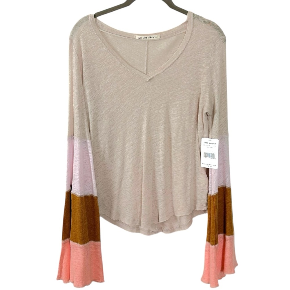 Free People Retro 70s Bohemian Bell Sleeve Neutral V Neck Top Small Linen NWT - Picture 8 of 15